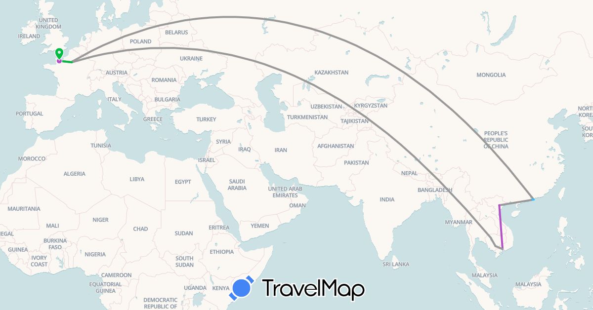 TravelMap itinerary: driving, bus, plane, cycling, train, boat in France, Hong Kong, Cambodia, Macau, Vietnam (Asia, Europe)